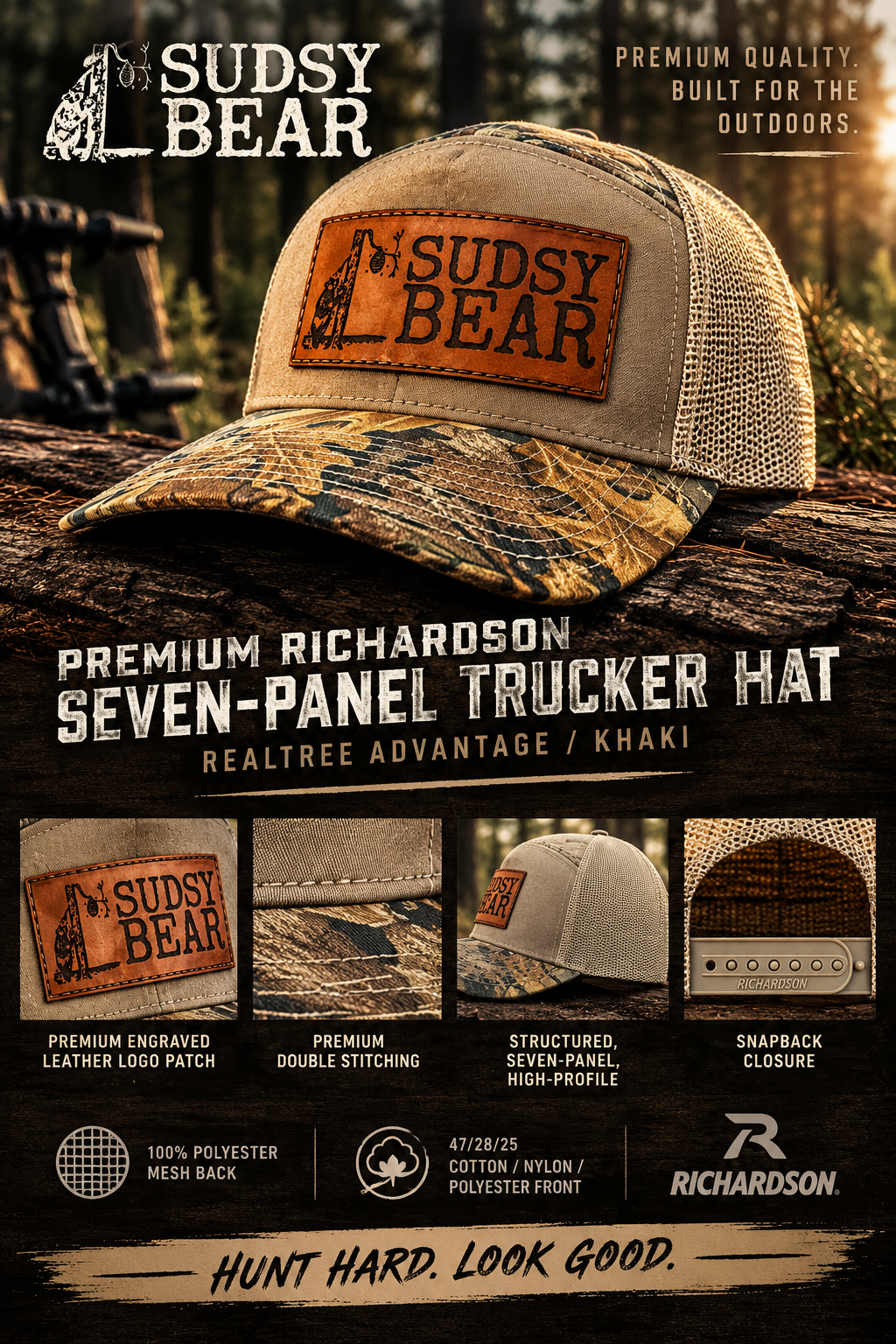 
                  
                    Premium Richardson Seven-Panel Laser Engraved Leather Patch Advantage Camo Trucker Hat
                  
                