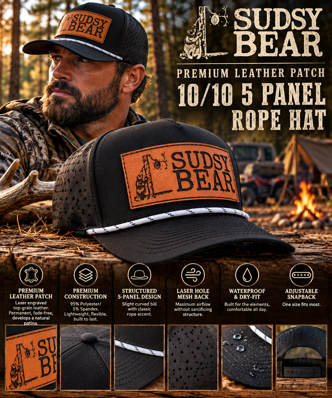 
                  
                    Premium Richardson 10/10 Laser Engraved Leather Patch 5-Panel Rope Black Hat
                  
                