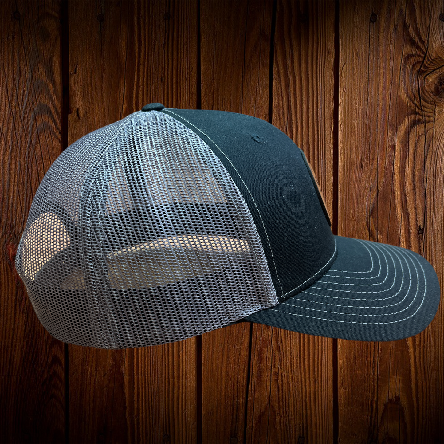 
                  
                    BLACK/GRAY LEATHER PATCH HAT
                  
                